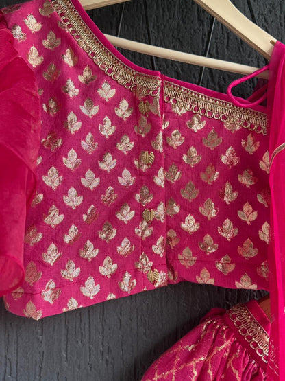 One off shoulder blouse with attached dupatta and chanderi Lehnga(MAASI KI SHAADI)