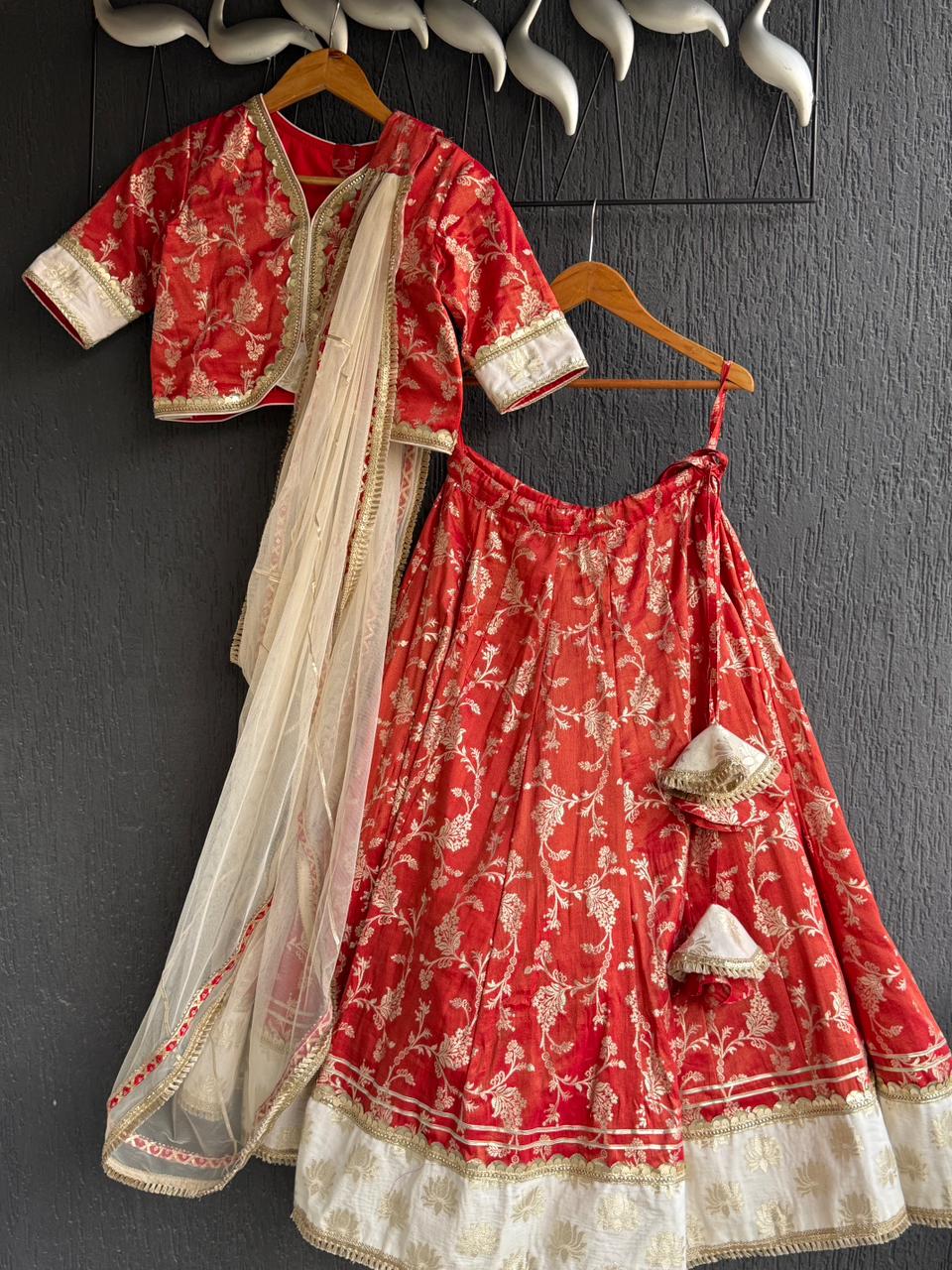 Red chanderi lehnga set with lotus highlights