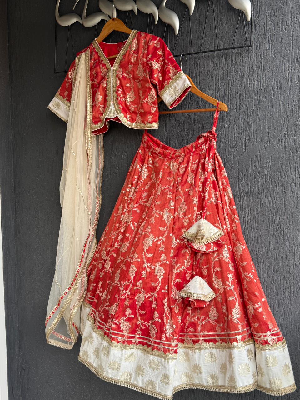 Red chanderi lehnga set with lotus highlights