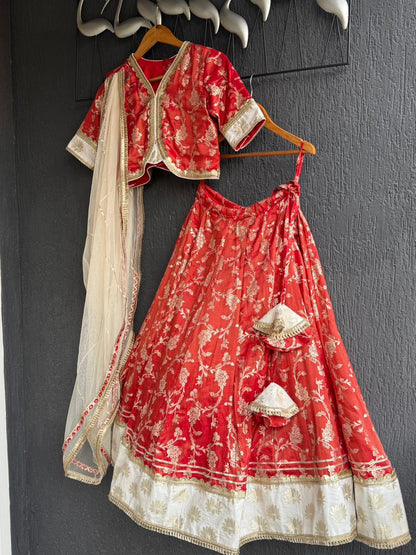 Red chanderi lehnga set with lotus highlights