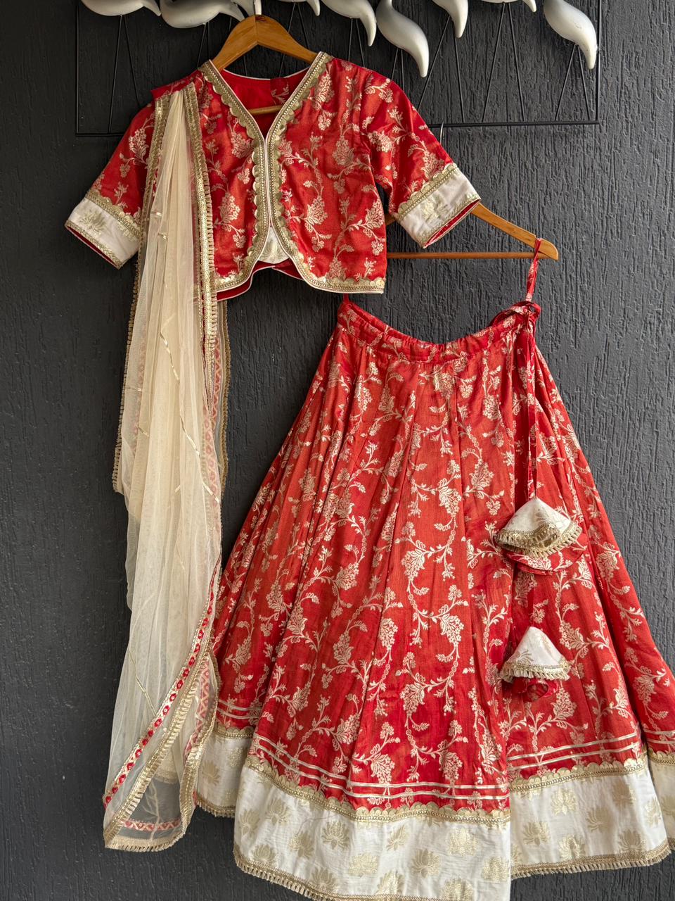 Red chanderi lehnga set with lotus highlights
