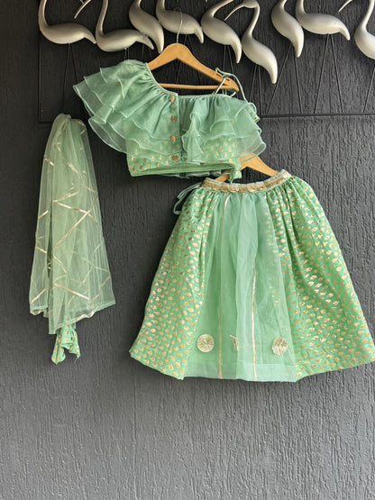 One off shoulder Pastel Green blouse  chanderi Lehnga(MAASI KI SHAADI)