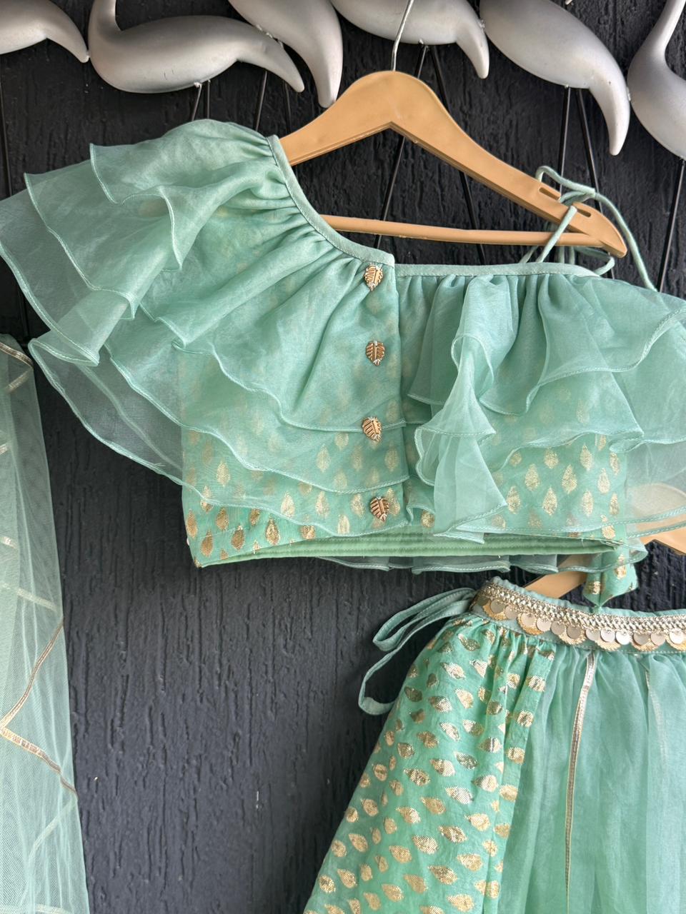 One off shoulder Pastel Green blouse  chanderi Lehnga(MAASI KI SHAADI)