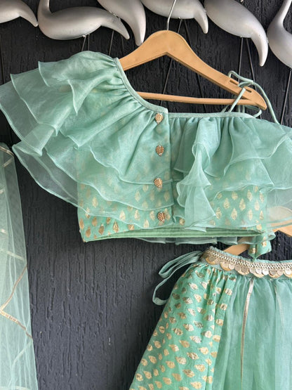 One off shoulder Pastel Green blouse  chanderi Lehnga(MAASI KI SHAADI)