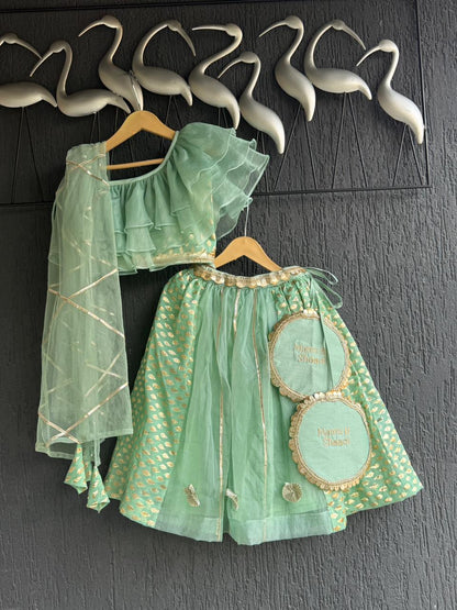 One off shoulder Pastel Green blouse  chanderi Lehnga(MAASI KI SHAADI)