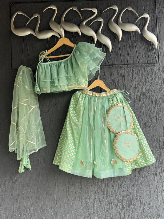 One off shoulder Pastel Green blouse  chanderi Lehnga(MAASI KI SHAADI)