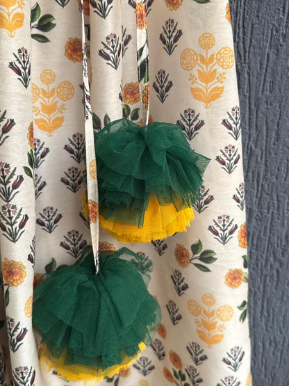 Marigold Printed peplum top With Lehenga And Net Dupatta