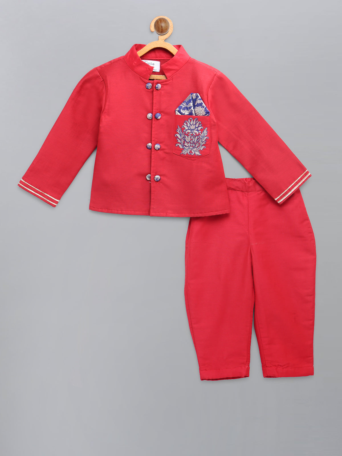 Red Embroidered silk Bandhgala set (Sale)