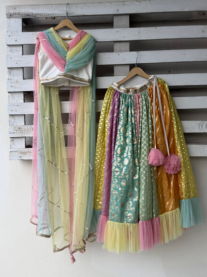 Rainbow  Drape Net Chanderi Lehnga