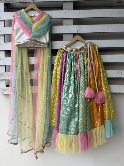 Rainbow  Drape Net Chanderi Lehnga