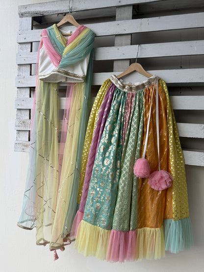 Rainbow  Drape Net Chanderi Lehnga