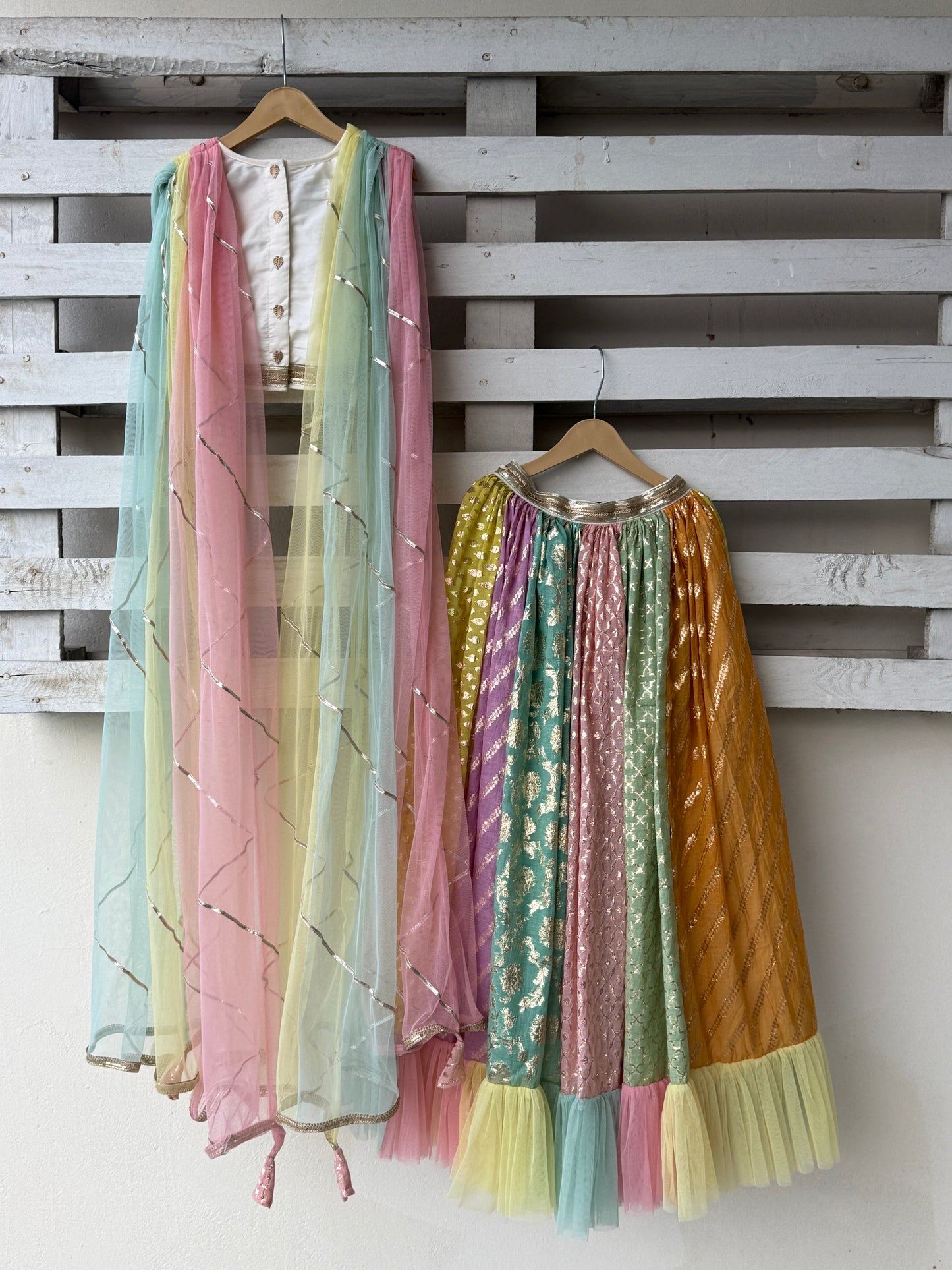 Rainbow  Drape Net Chanderi Lehnga