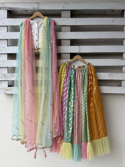 Rainbow  Drape Net Chanderi Lehnga