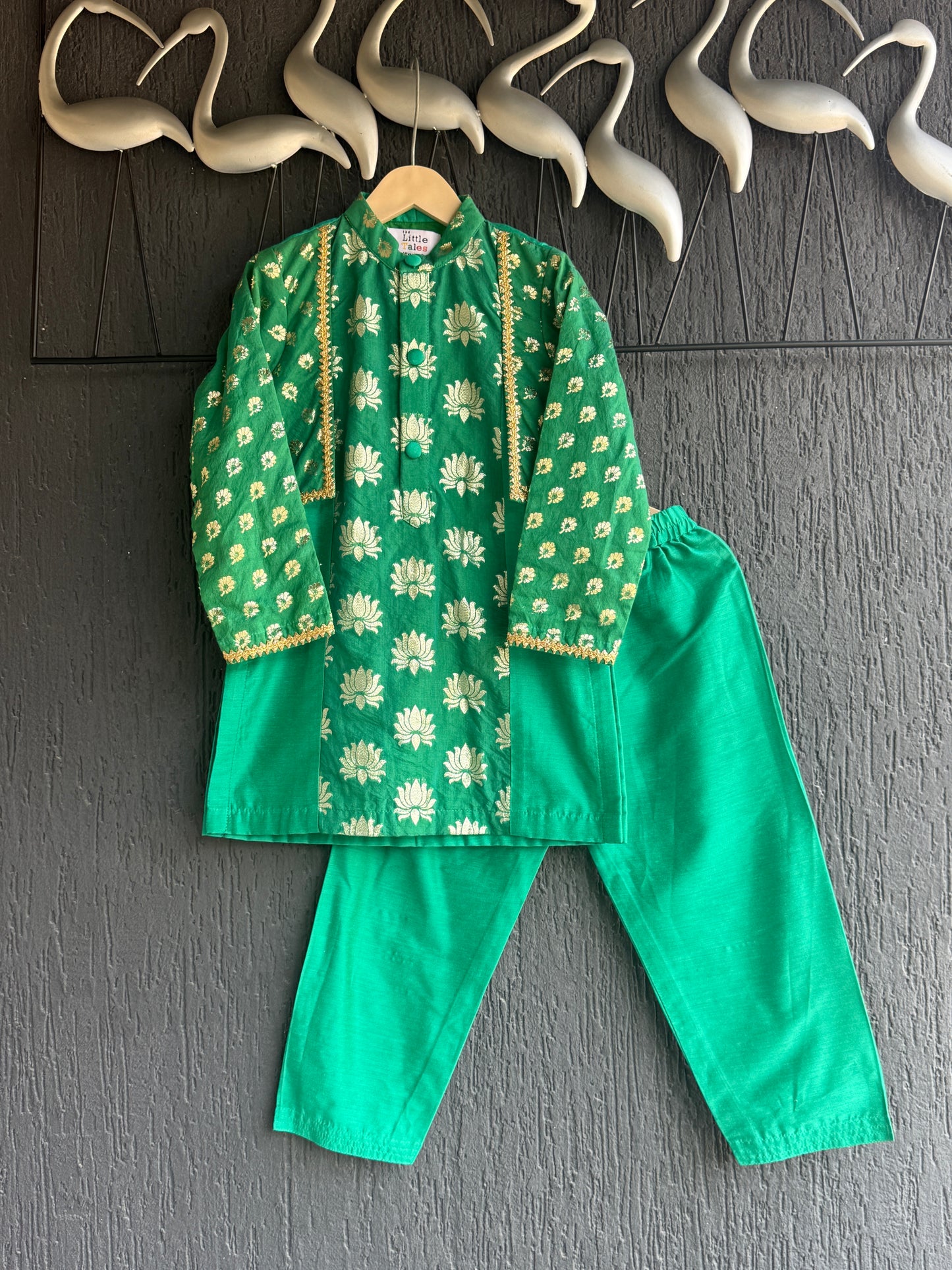 Parrot Green Chanderi Panel Kurta Pyjama set