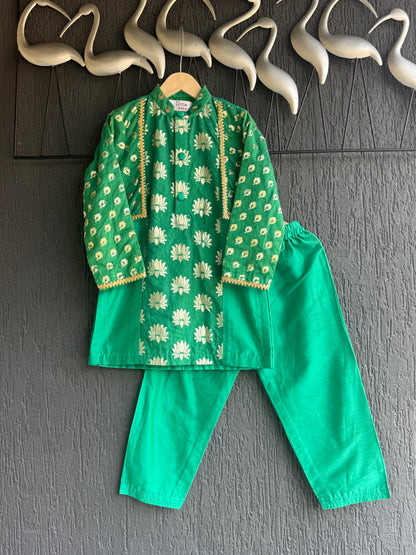 Parrot Green Chanderi Panel Kurta Pyjama set
