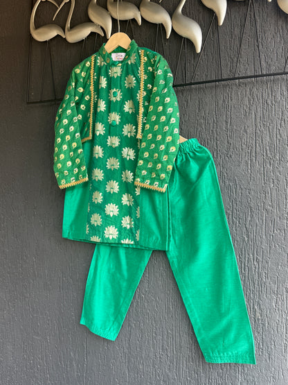 Parrot Green Chanderi Panel Kurta Pyjama set
