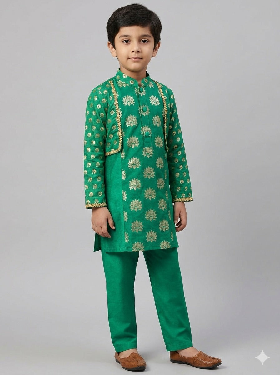 Parrot Green Chanderi Panel Kurta Pyjama set