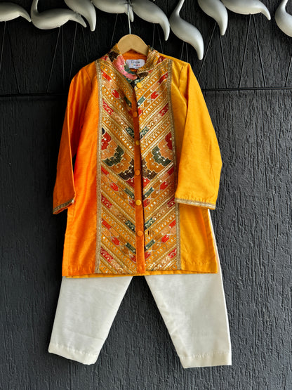 Orange/Yellow  Embroidery panel kurta  set