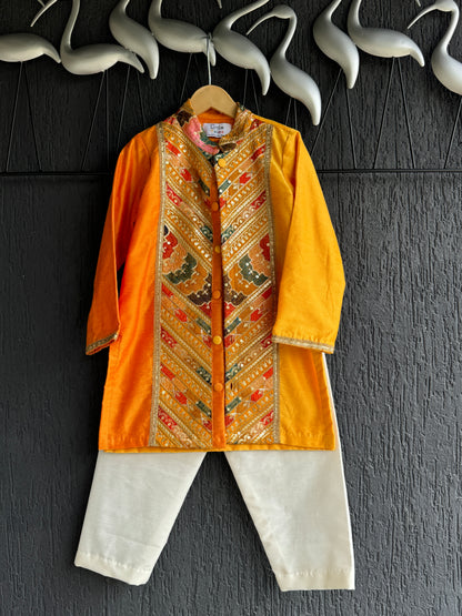 Orange/Yellow  Embroidery panel kurta  set
