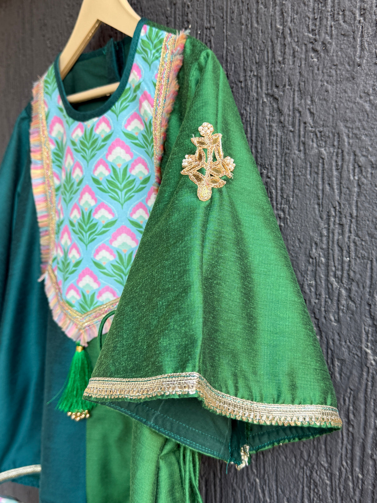 Color blocking green A-line kurta set
