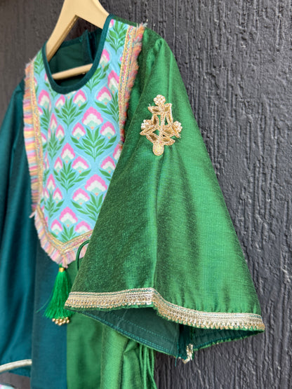 Color blocking green A-line kurta set