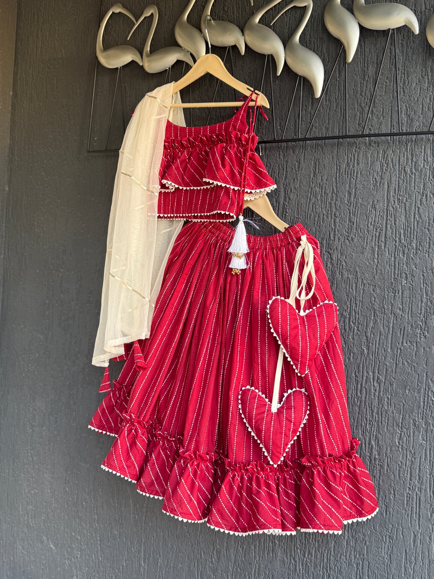 Deep Red Stripe Print Cotton Lehenga set