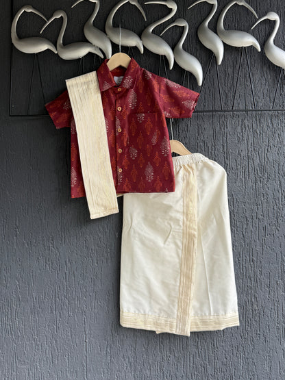 Printed Deep Red Shirt lungi Set with Patka