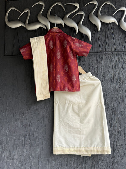 Printed Deep Red Shirt lungi Set with Patka