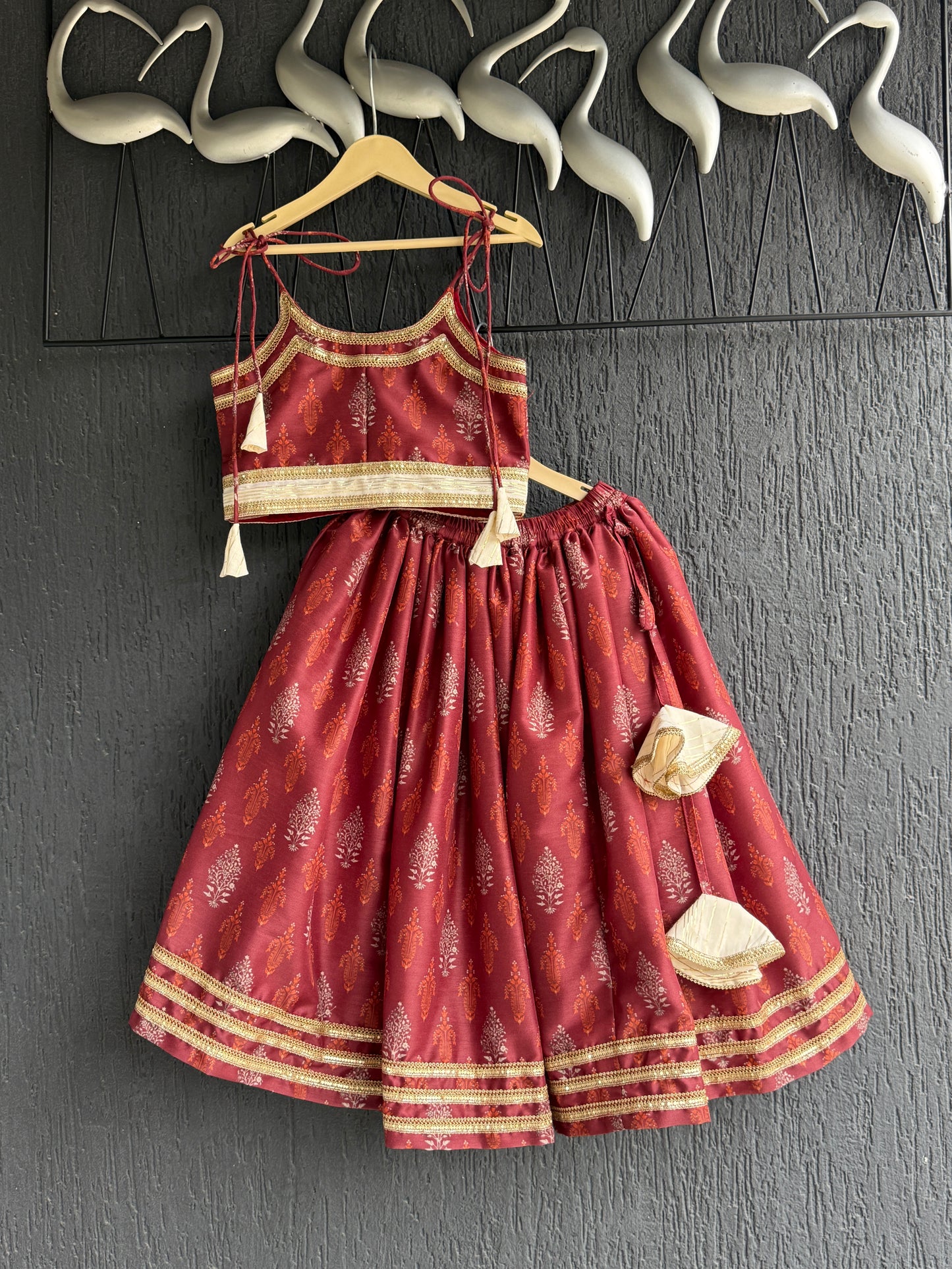 Maroon Noodle Strap Printed Lehenga Set