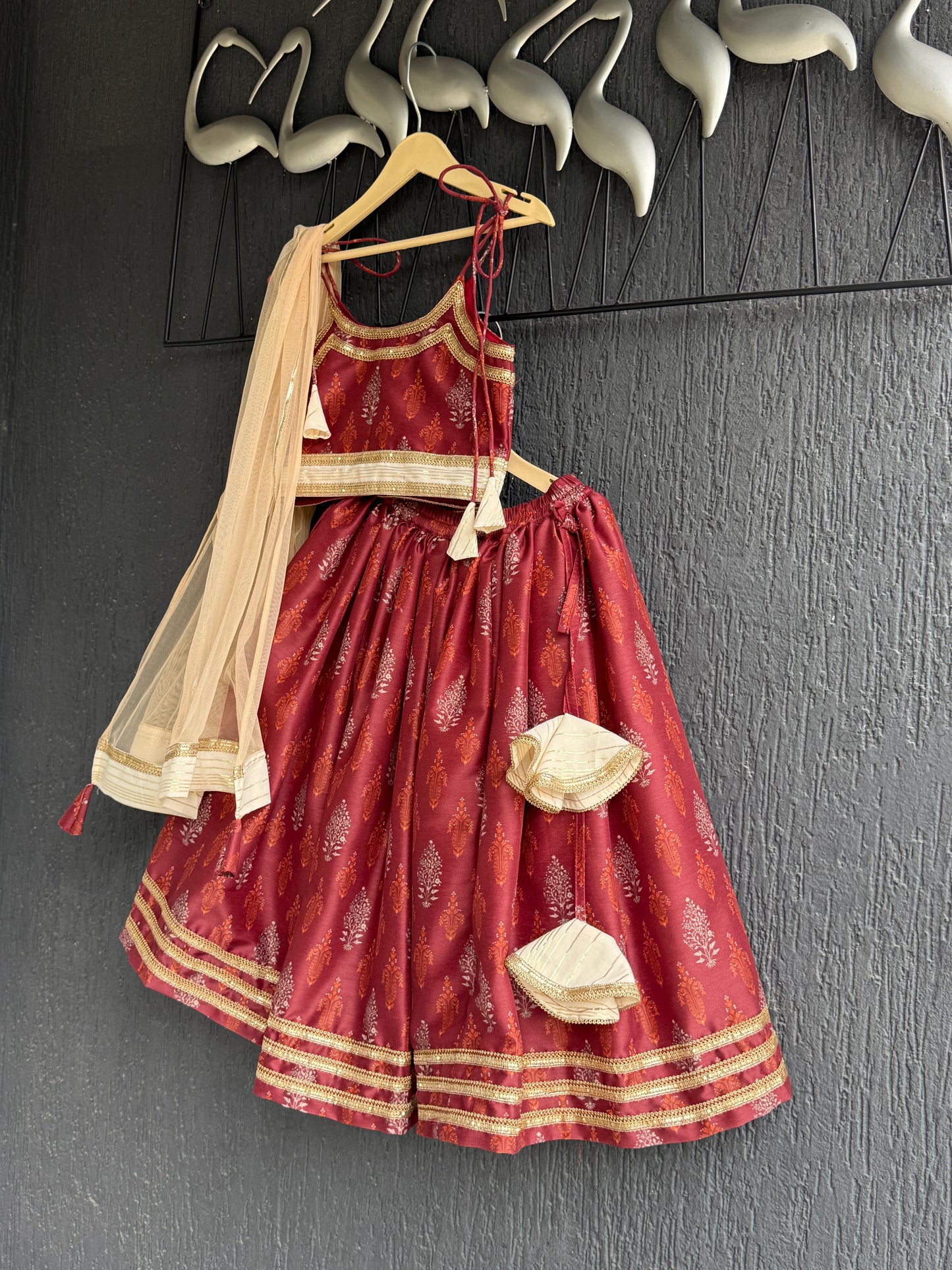 Maroon Noodle Strap Printed Lehenga Set
