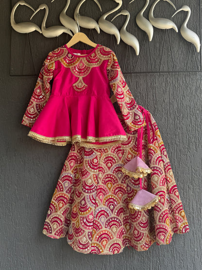 Fuschia Pink Embroidery Peplum  Lehenga  set