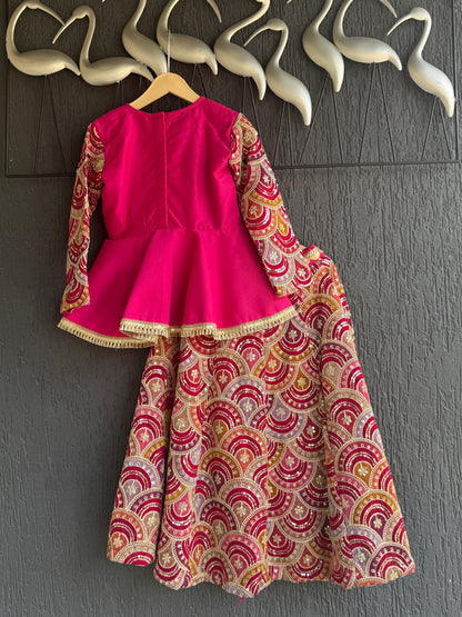 Fuschia Pink Embroidery Peplum  Lehenga  set