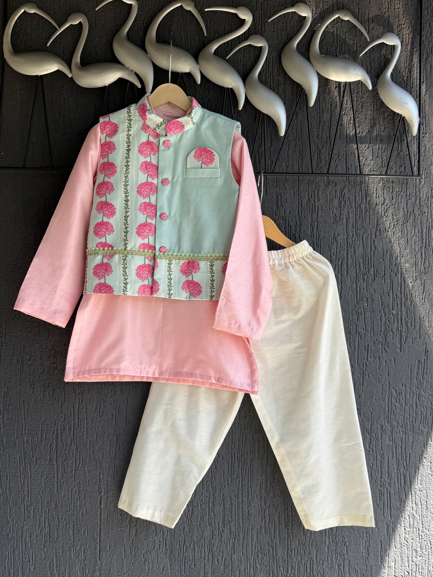 Blue Pink Carnation Kurta Waist coat Set