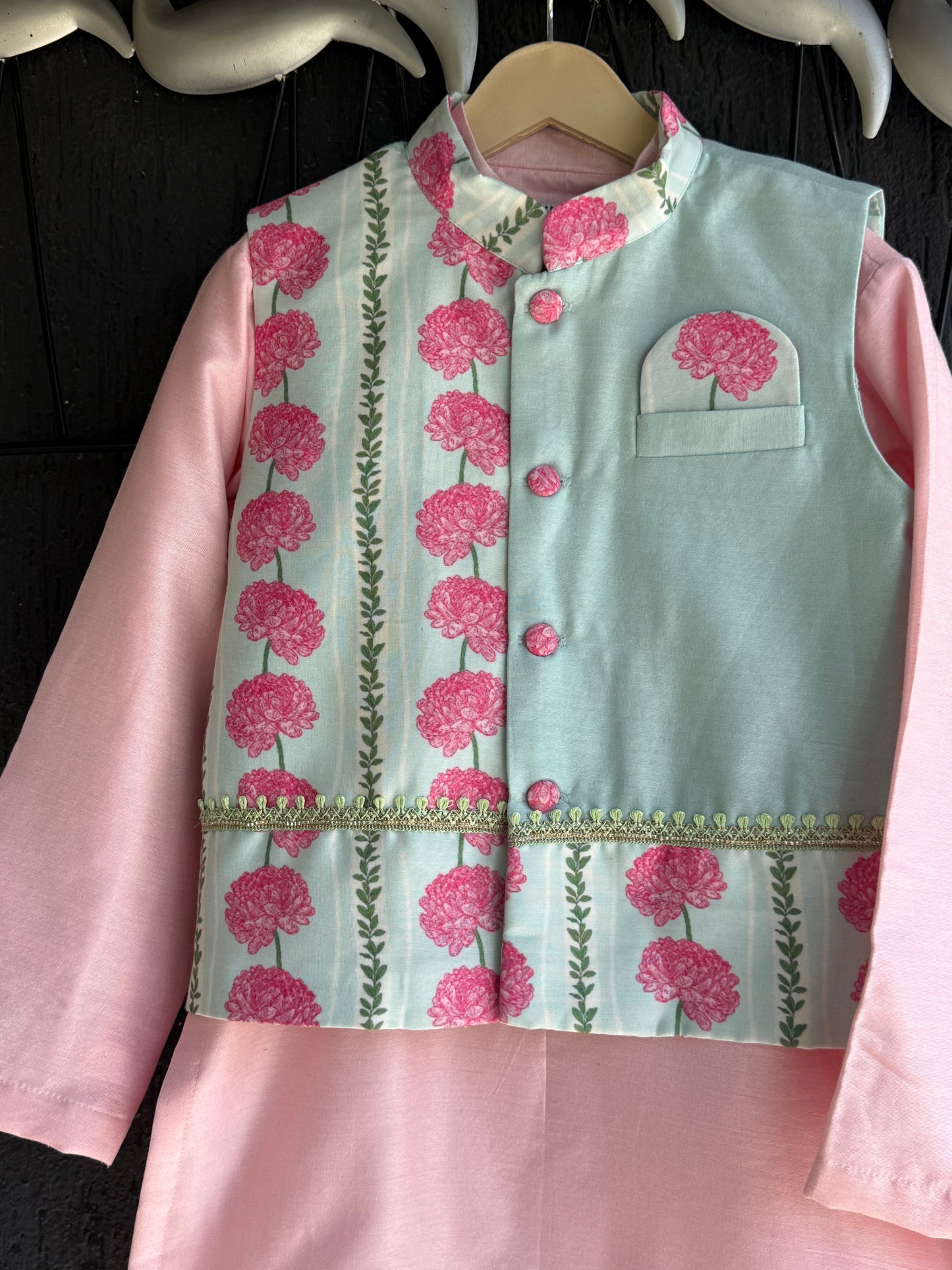 Blue Pink Carnation Kurta Waist coat Set
