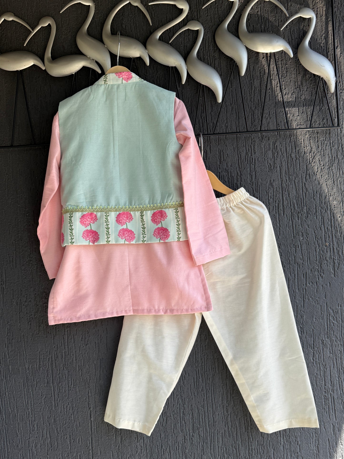 Blue Pink Carnation Kurta Waist coat Set