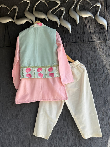 Blue Pink Carnation Kurta Waist coat Set