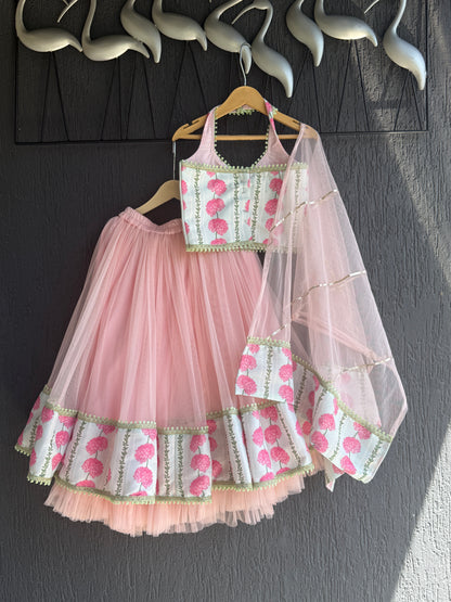 Blue Pink Carnation Floral Lehenga set