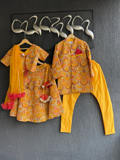 Mustard Yellow scallop embroidery Bandhgala churidar set