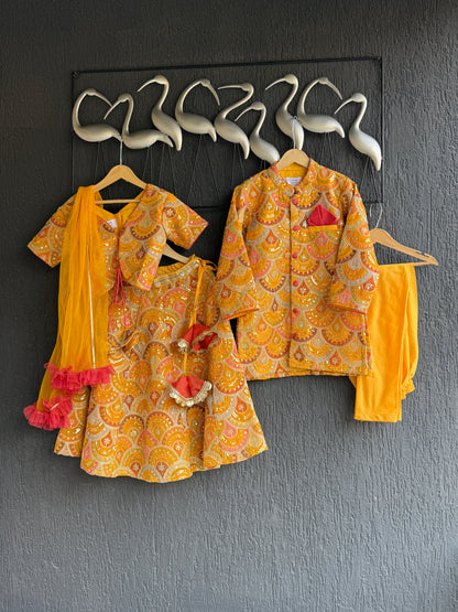 Mustard Yellow scallop embroidery Bandhgala churidar set