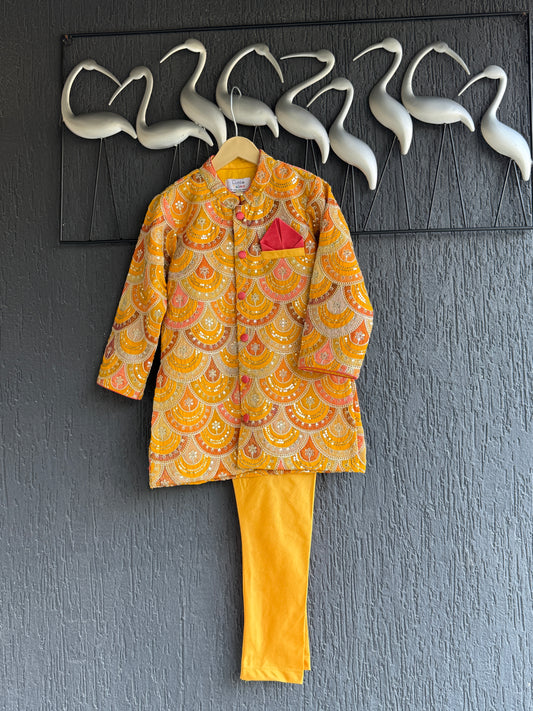 Mustard Yellow scallop embroidery Bandhgala churidar set