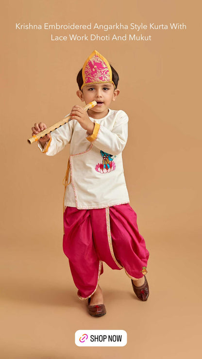 Off White Krishna Embroidered Angrakha Kurta Dhoti  Set