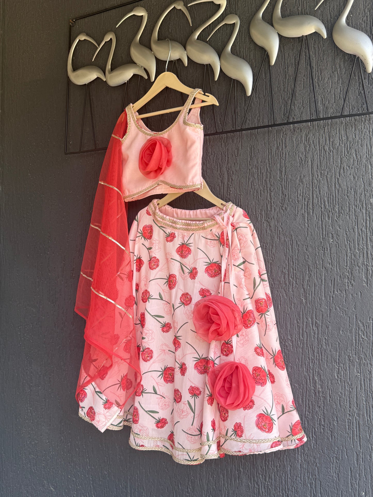 Baby Pink Rose Print 3D floral lehenga set