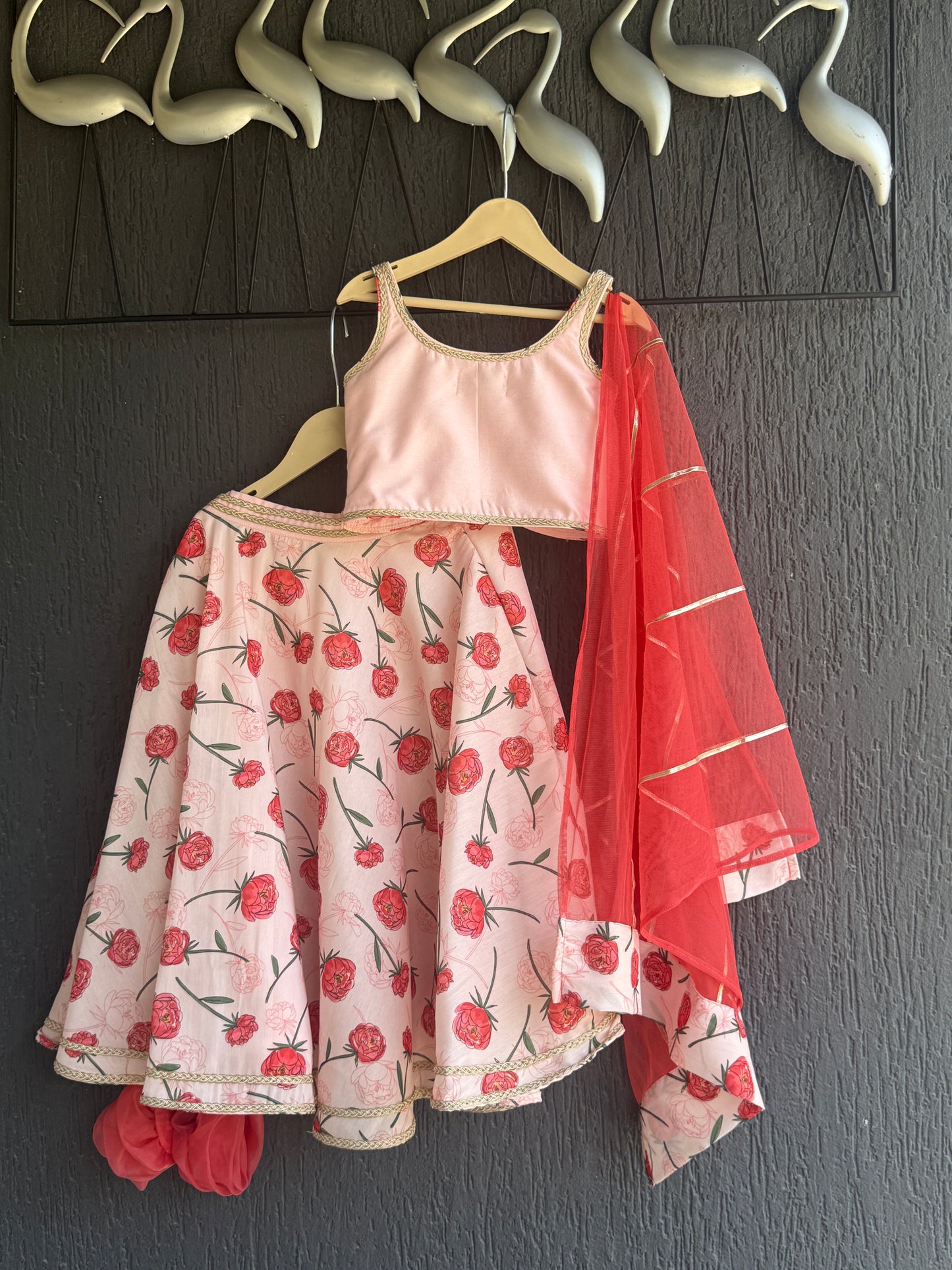 Baby Pink Rose Print 3D floral lehenga set
