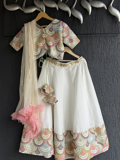Off White Scallop Embroidery Blouse Lehnga Set