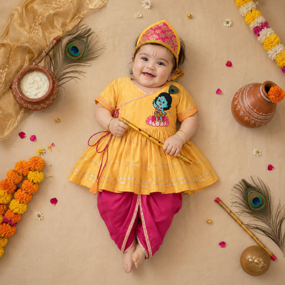 Yellow Krishna embroidered Kurta Dhoti
