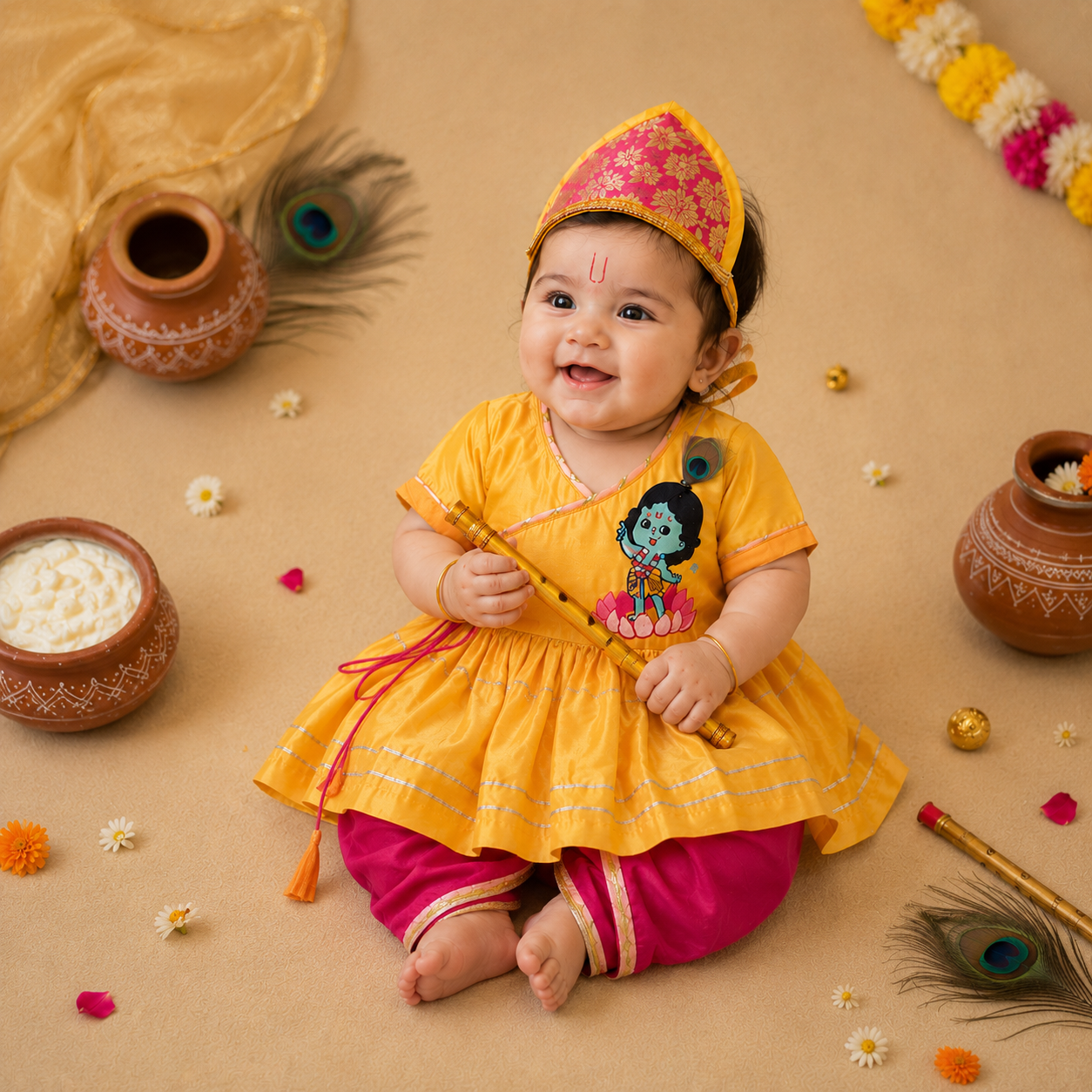 Yellow Krishna embroidered Kurta Dhoti