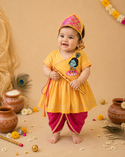 Yellow Krishna embroidered Kurta Dhoti