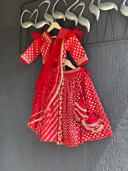 Deep Red Chanderi Lehenga with Draped dupatta