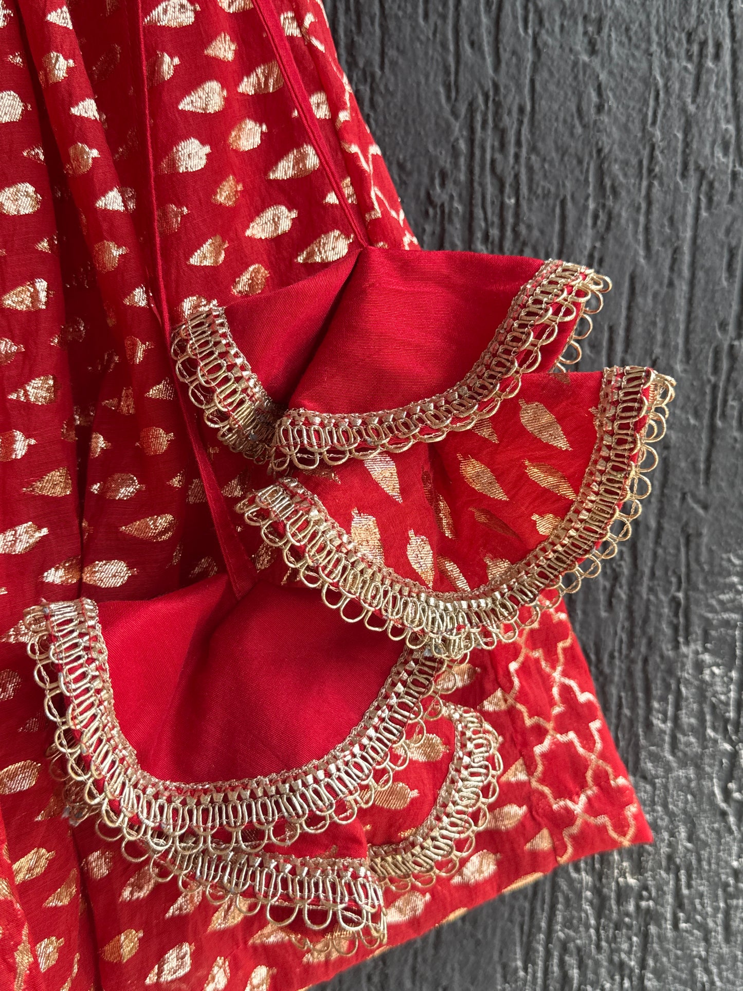 Deep Red Chanderi Lehenga with Draped dupatta