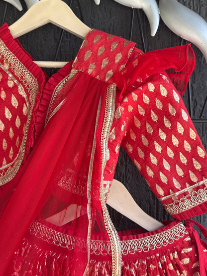 Deep Red Chanderi Lehenga with Draped dupatta
